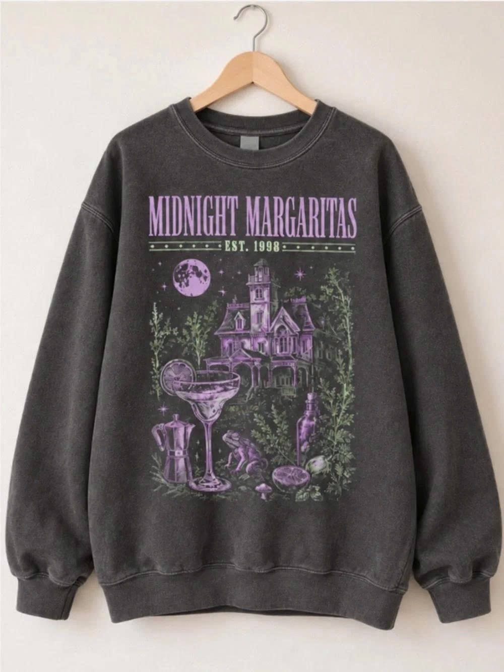 Midnight Margaritas Graphic Crewneck Sweater - Dark Gray/Purple